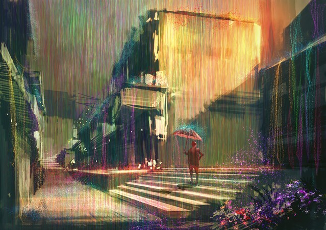 Digital painting showing colorful rain